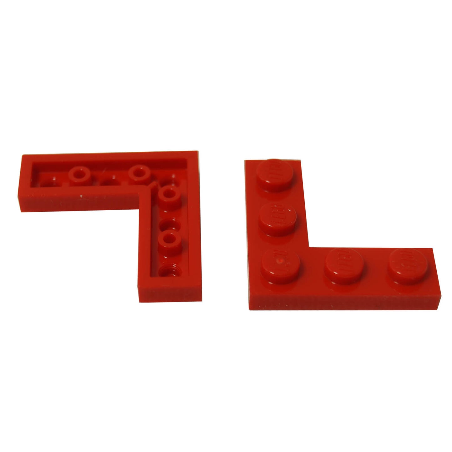 Two red LEGO Plate 3x3 Corner pieces (77844) displayed, one showing the studs and one showing the hollow side.
