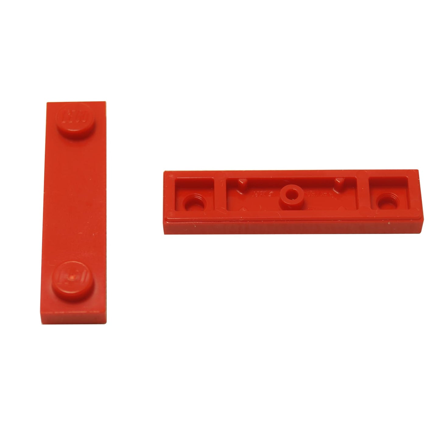 LEGO® Modified Plate 1 x 4 with 2 studs and groove in red, useful for offset and detailed builds.
