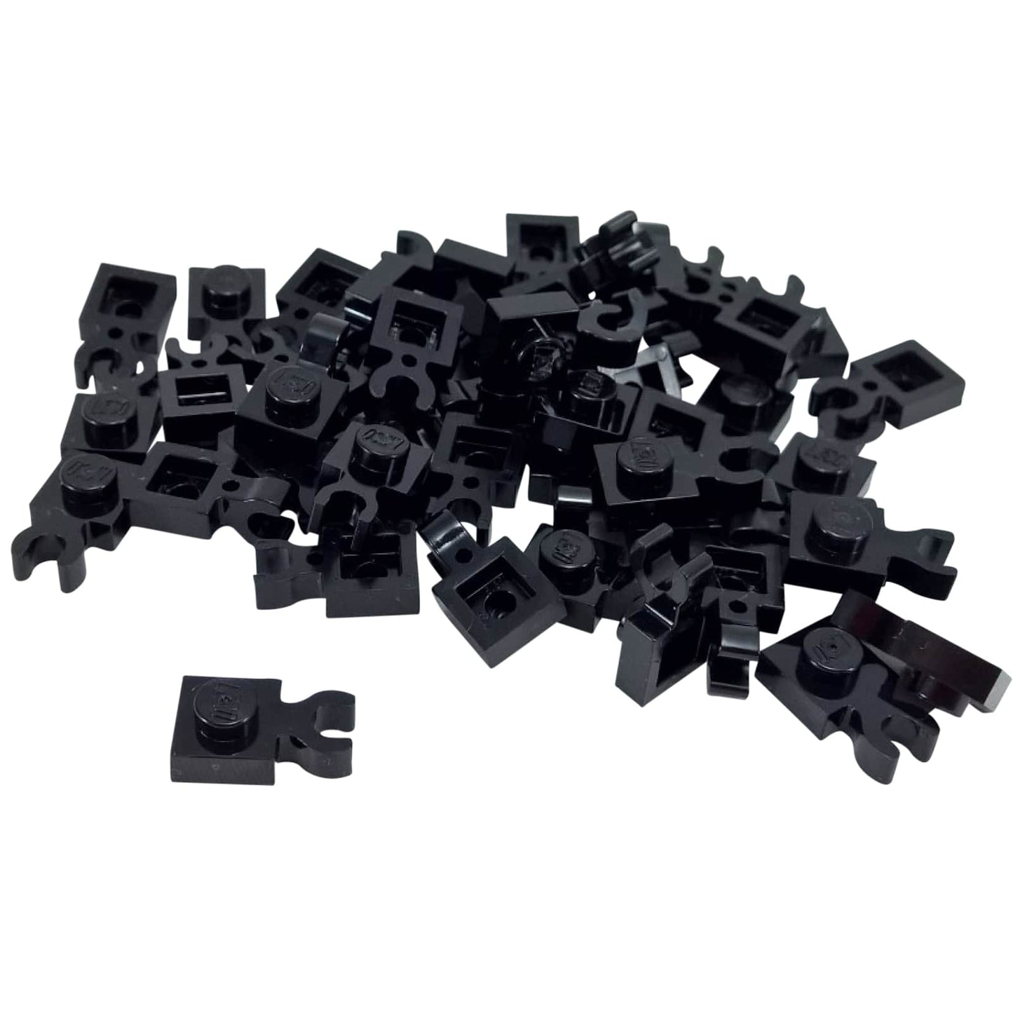 LEGO® modified plate 1 x 1 with thick open O-clip and vertical grip, used for bars, tools, or accessory attachments, black color
