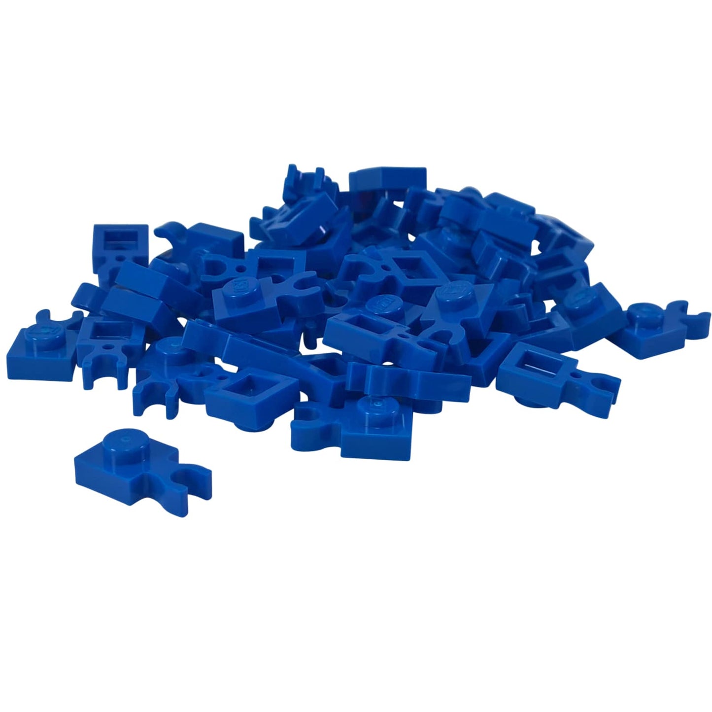LEGO® modified plate 1 x 1 with thick open O-clip and vertical grip, used for bars, tools, or accessory attachments, blue color
