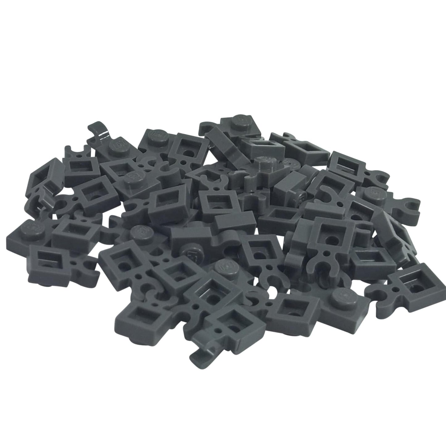 LEGO® modified plate 1 x 1 with thick open O-clip and vertical grip, used for bars, tools, or accessory attachments, dark bluish gray color
