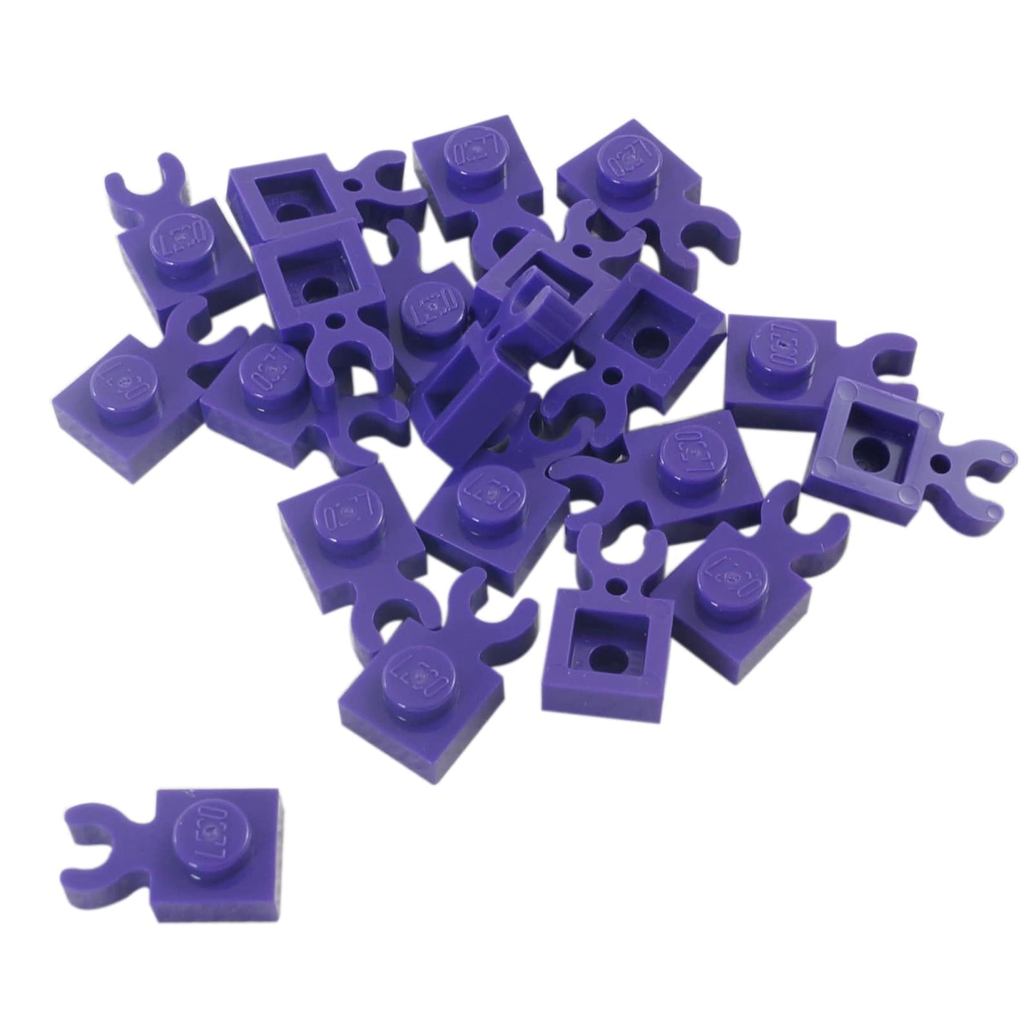 LEGO® modified plate 1 x 1 with thick open O-clip and vertical grip, used for bars, tools, or accessory attachments, dark purple color
