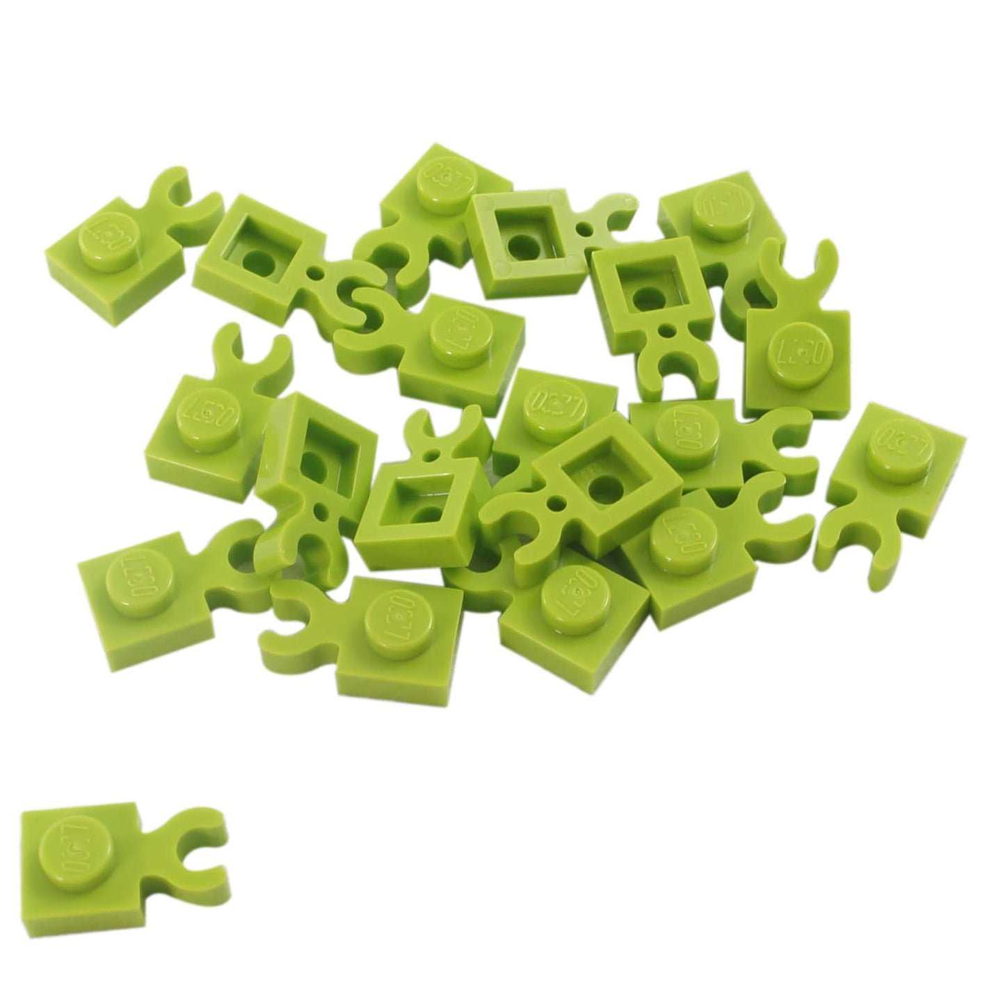 LEGO® modified plate 1 x 1 with thick open O-clip and vertical grip, used for bars, tools, or accessory attachments, lime color

