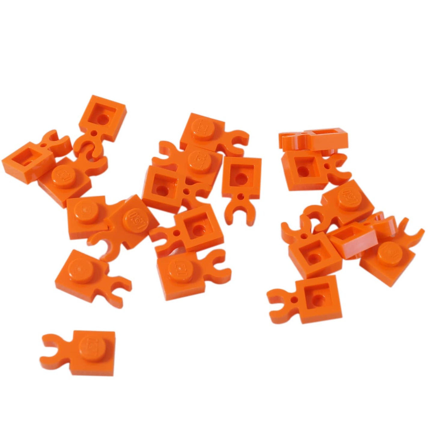 LEGO® modified plate 1 x 1 with thick open O-clip and vertical grip, used for bars, tools, or accessory attachments, orange color
