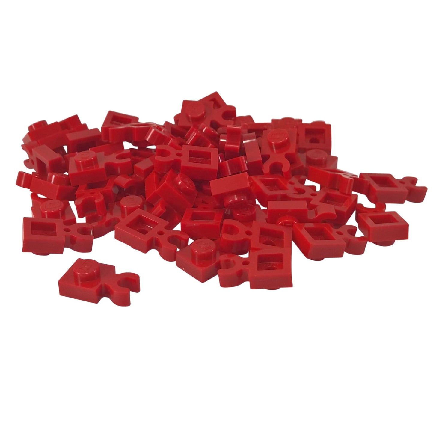 LEGO® modified plate 1 x 1 with thick open O-clip and vertical grip, used for bars, tools, or accessory attachments, red color
