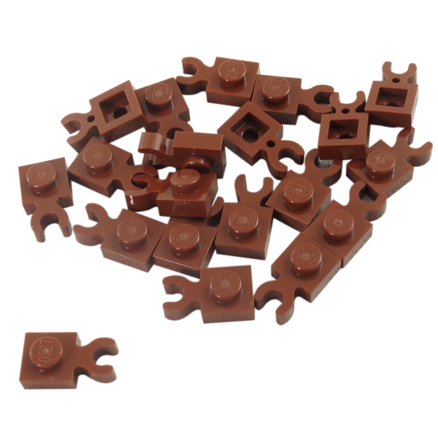 LEGO® modified plate 1 x 1 with thick open O-clip and vertical grip, used for bars, tools, or accessory attachments, reddish brown color
