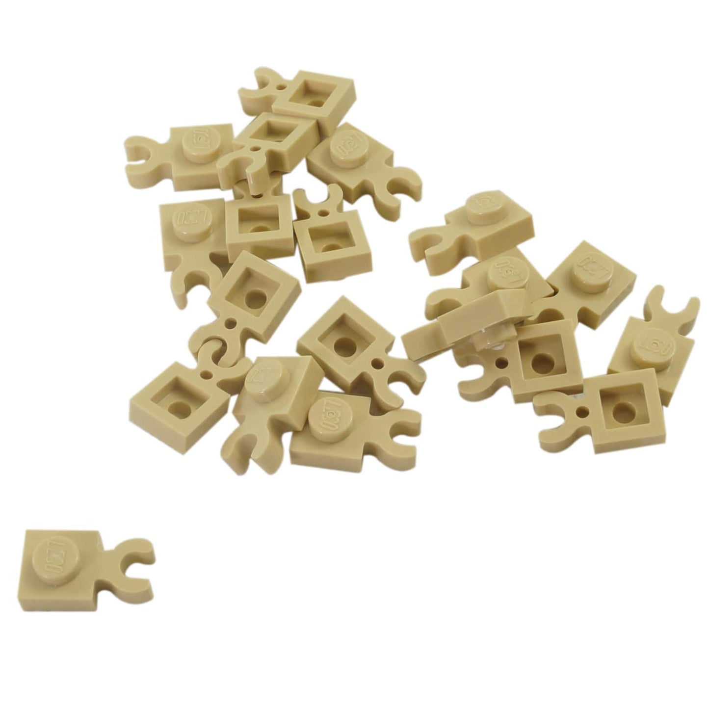 LEGO® modified plate 1 x 1 with thick open O-clip and vertical grip, used for bars, tools, or accessory attachments, tan color
