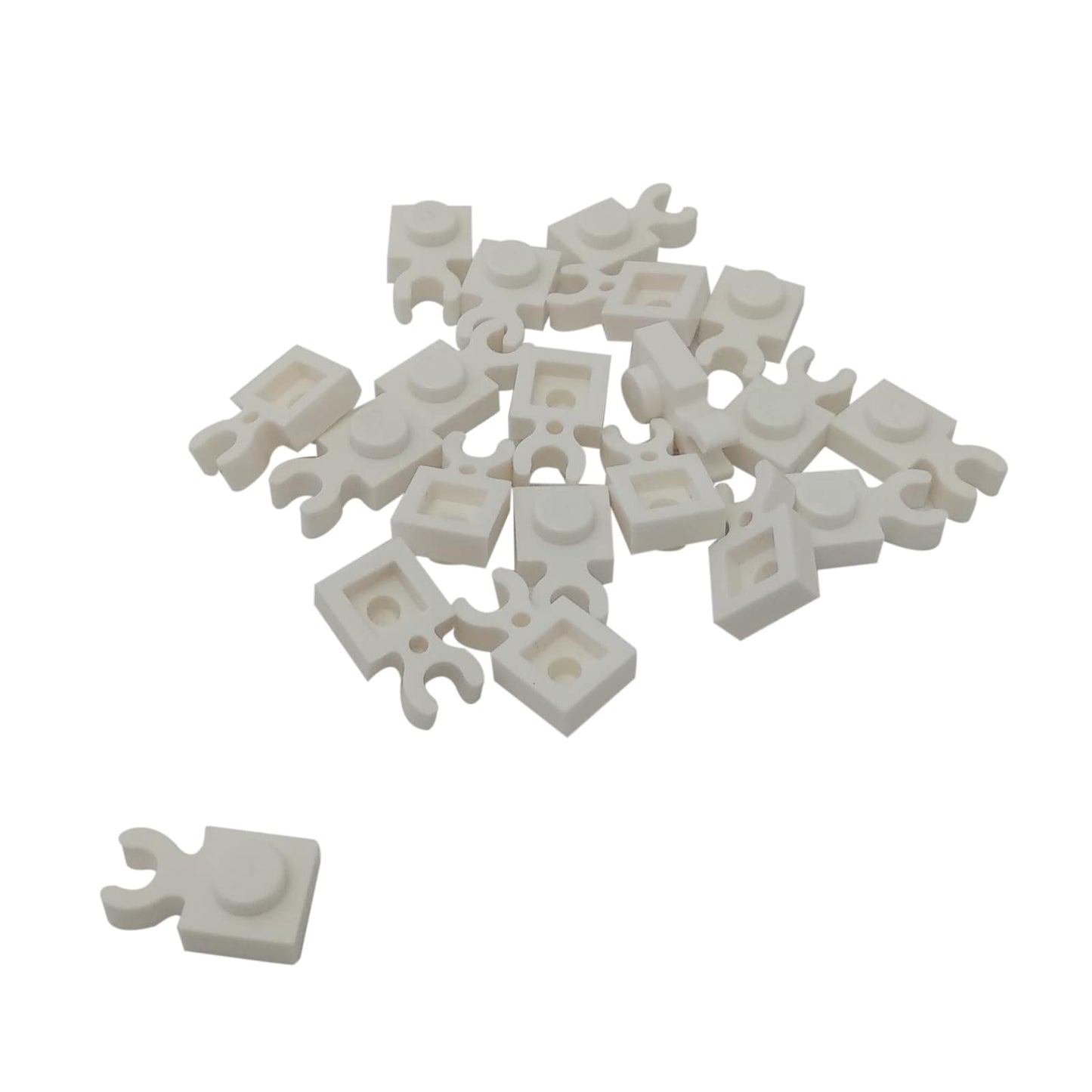 LEGO® modified plate 1 x 1 with thick open O-clip and vertical grip, used for bars, tools, or accessory attachments, white color
