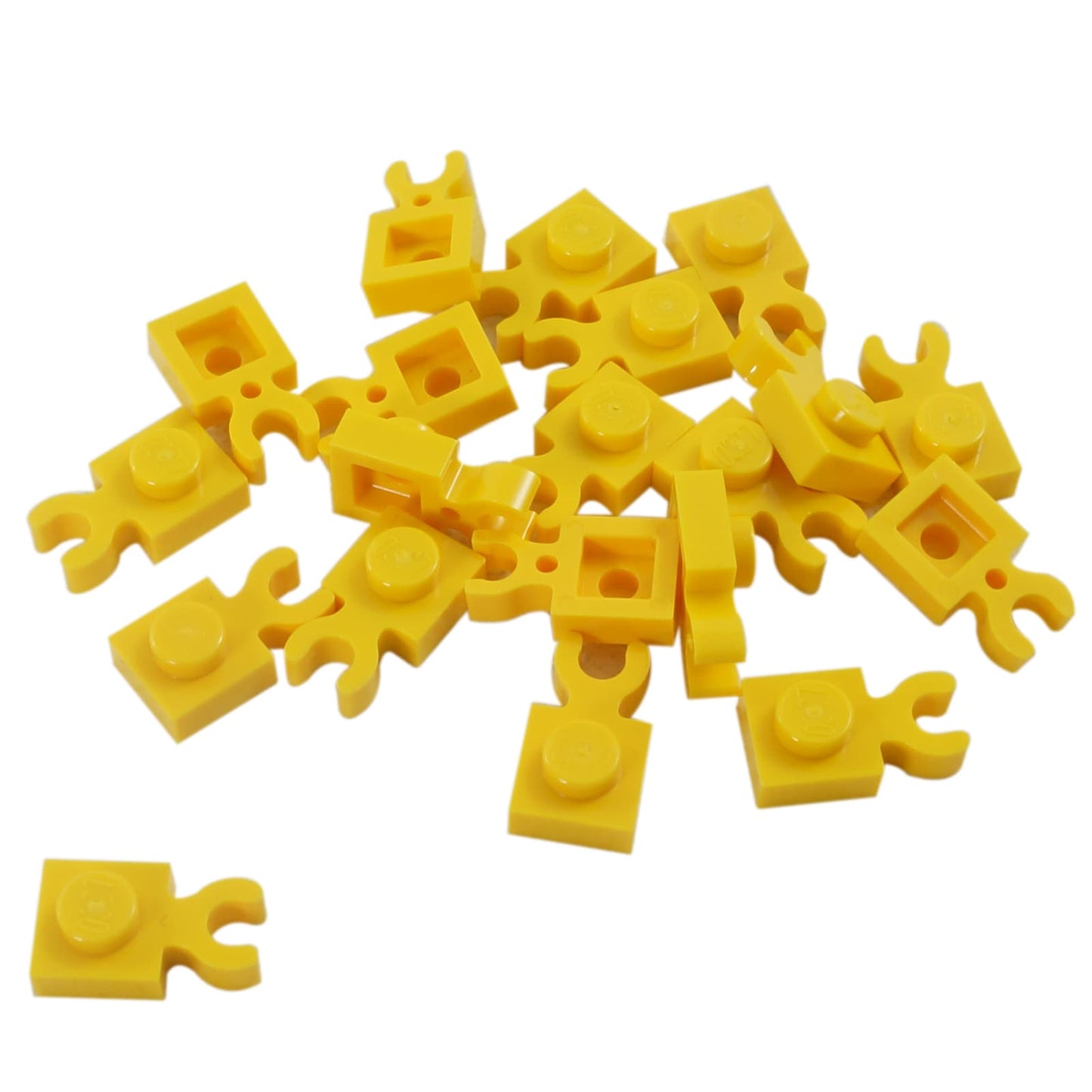 LEGO® modified plate 1 x 1 with thick open O-clip and vertical grip, used for bars, tools, or accessory attachments, yellow color
