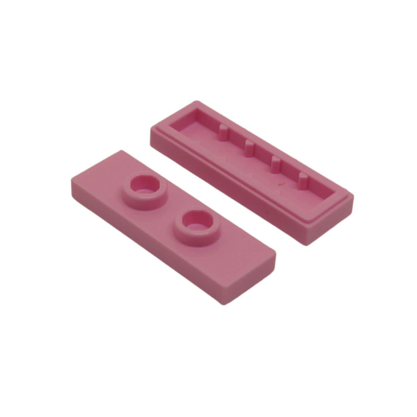 LEGO® Modified Plate 1 x 3 with 2 studs (double jumper) in bright pink, useful for offset building connections.

