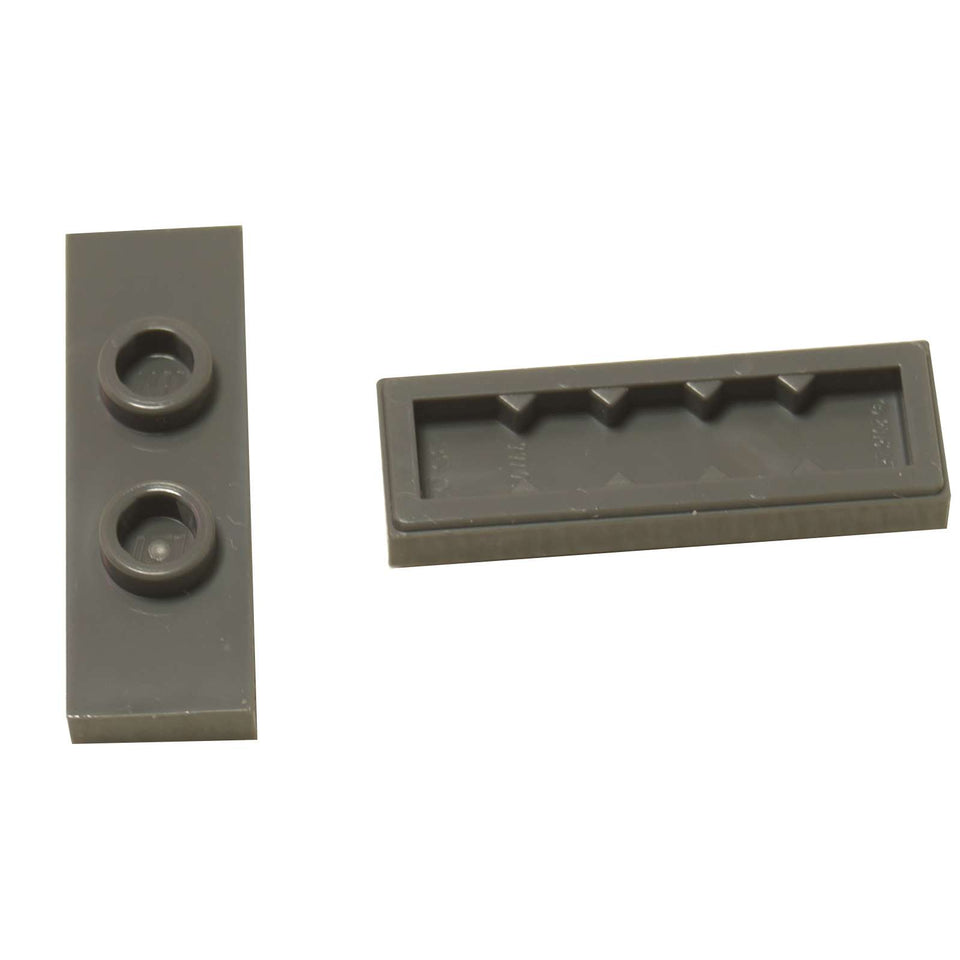 LEGO® Modified Plate 1 x 3 with 2 studs (double jumper) in dark bluish gray, useful for offset building connections.
