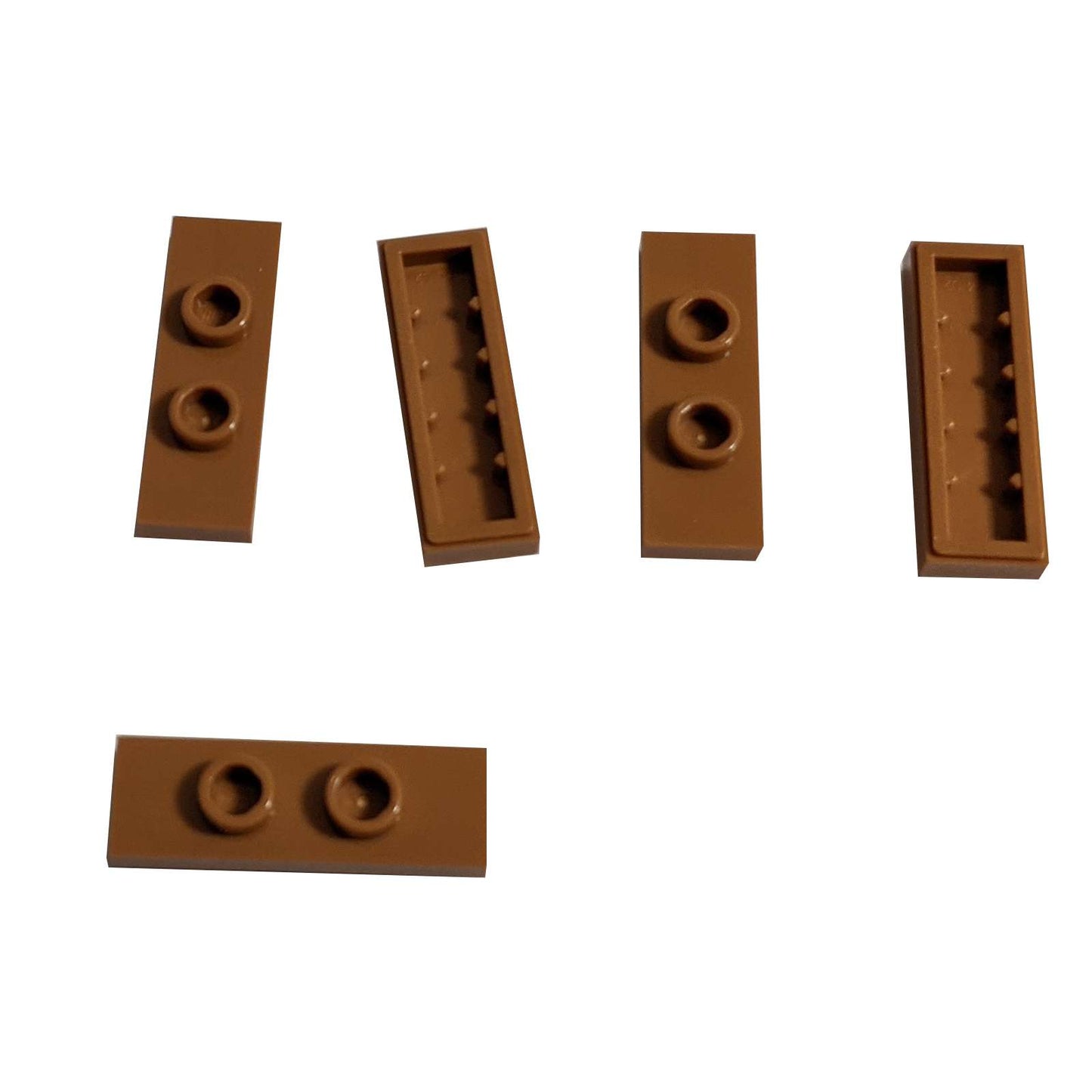 LEGO® Modified Plate 1 x 3 with 2 studs (double jumper) in medium nougat, useful for offset building connections.
