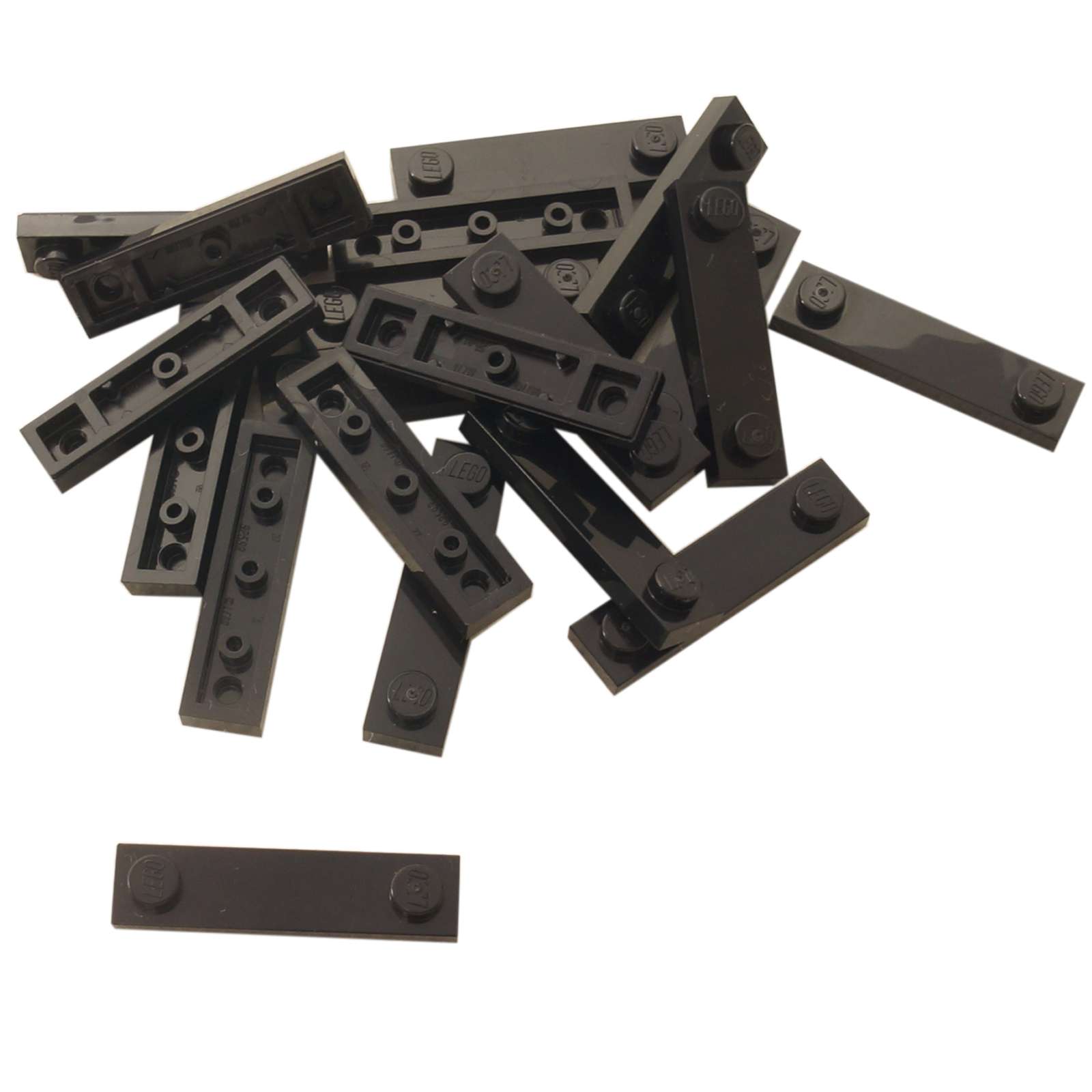 LEGO® Modified Plate 1 x 4 with 2 studs and groove in black, useful for offset and detailed builds.
