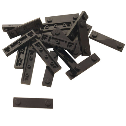 LEGO® Modified Plate 1 x 4 with 2 studs and groove in black, useful for offset and detailed builds.
