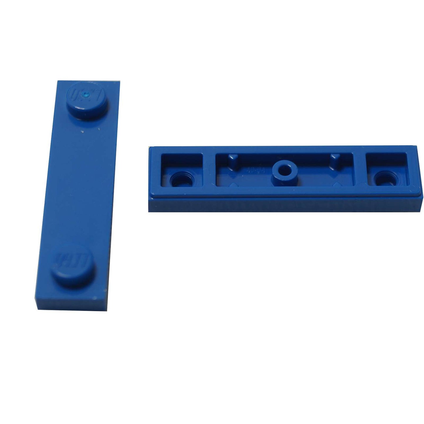 LEGO® Modified Plate 1 x 4 with 2 studs and groove in blue, useful for offset and detailed builds.
