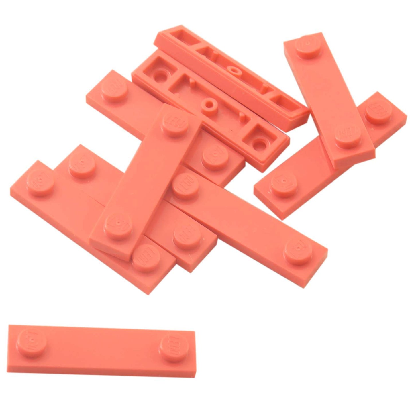 LEGO® Modified Plate 1 x 4 with 2 studs and groove in coral, useful for offset and detailed builds.
