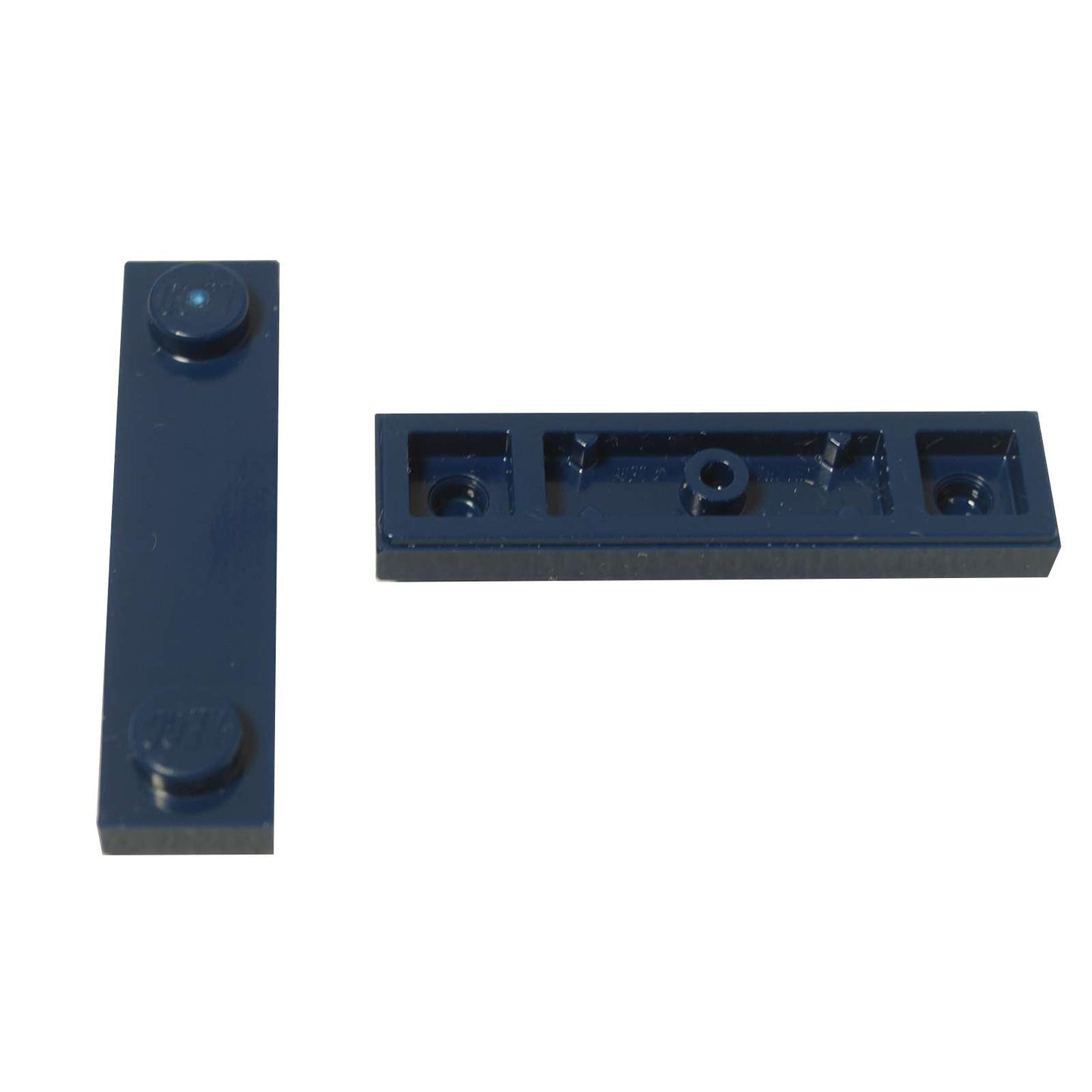 LEGO® Modified Plate 1 x 4 with 2 studs and groove in dark blue, useful for offset and detailed builds.
