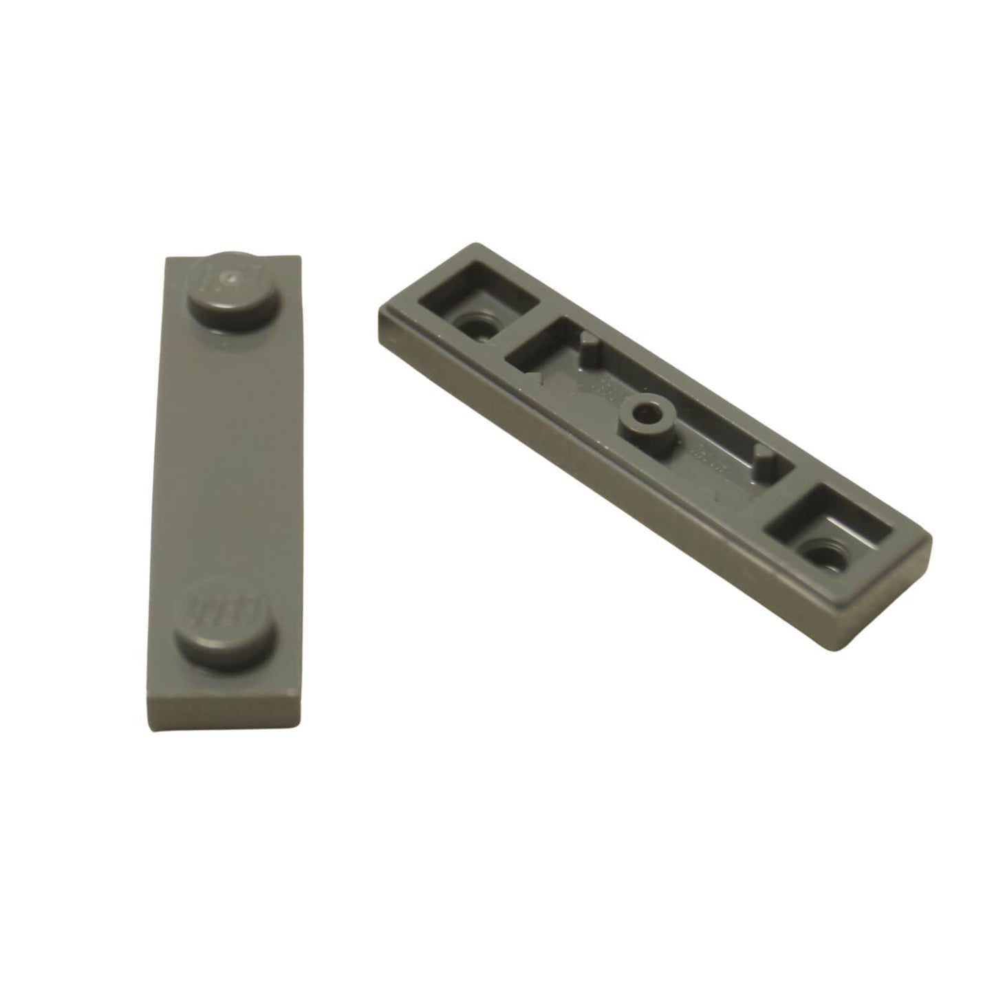 LEGO® Modified Plate 1 x 4 with 2 studs and groove in dark bluish gray, useful for offset and detailed builds.
