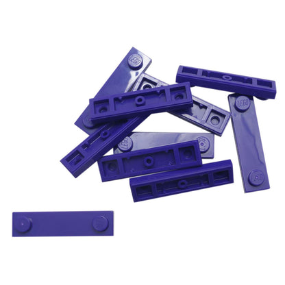 LEGO® Modified Plate 1 x 4 with 2 studs and groove in dark purple, useful for offset and detailed builds.
