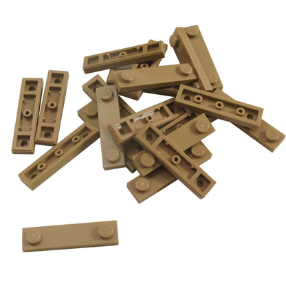 LEGO® Modified Plate 1 x 4 with 2 studs and groove in dark tan, useful for offset and detailed builds.
