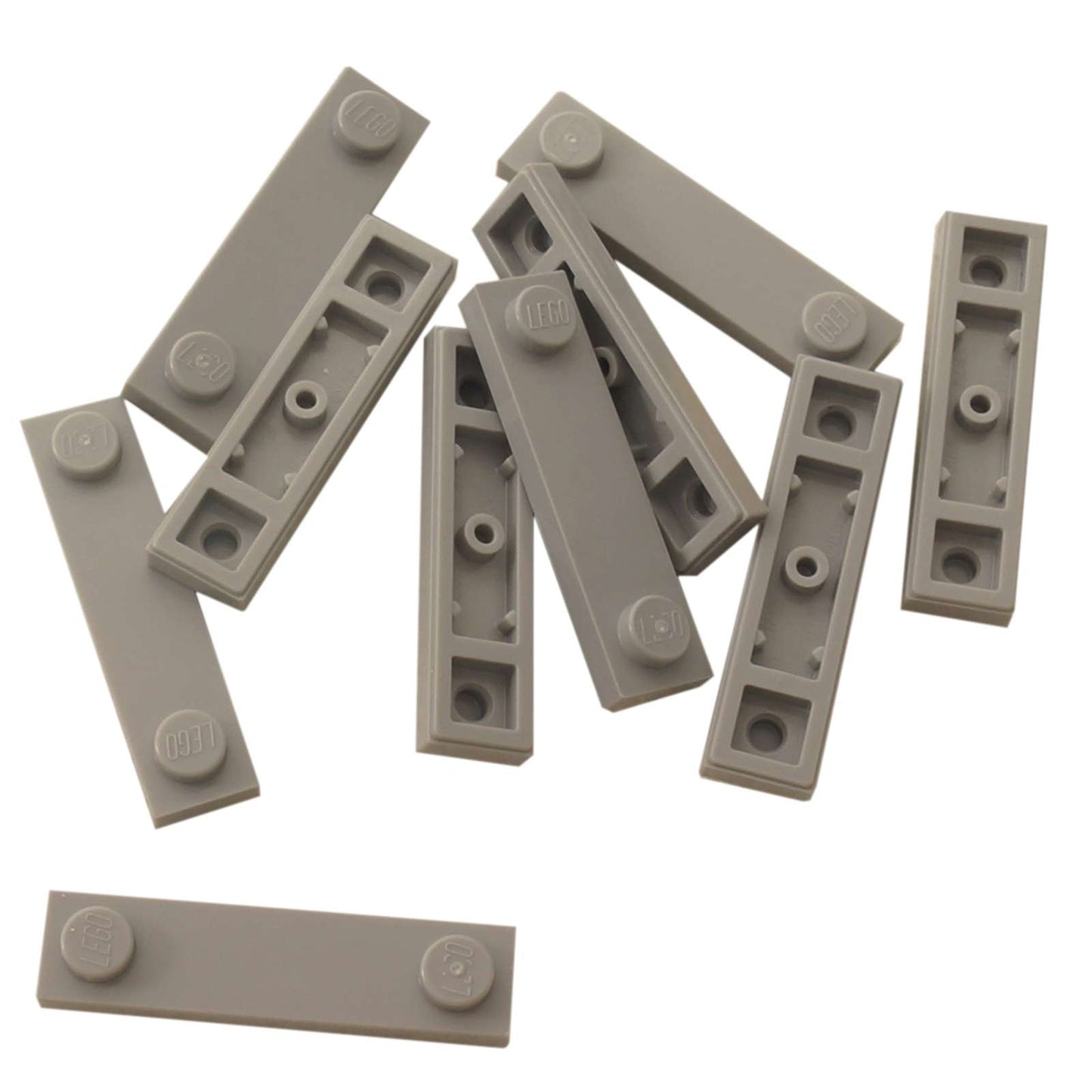 LEGO® Modified Plate 1 x 4 with 2 studs and groove in light bluish gray, useful for offset and detailed builds.
