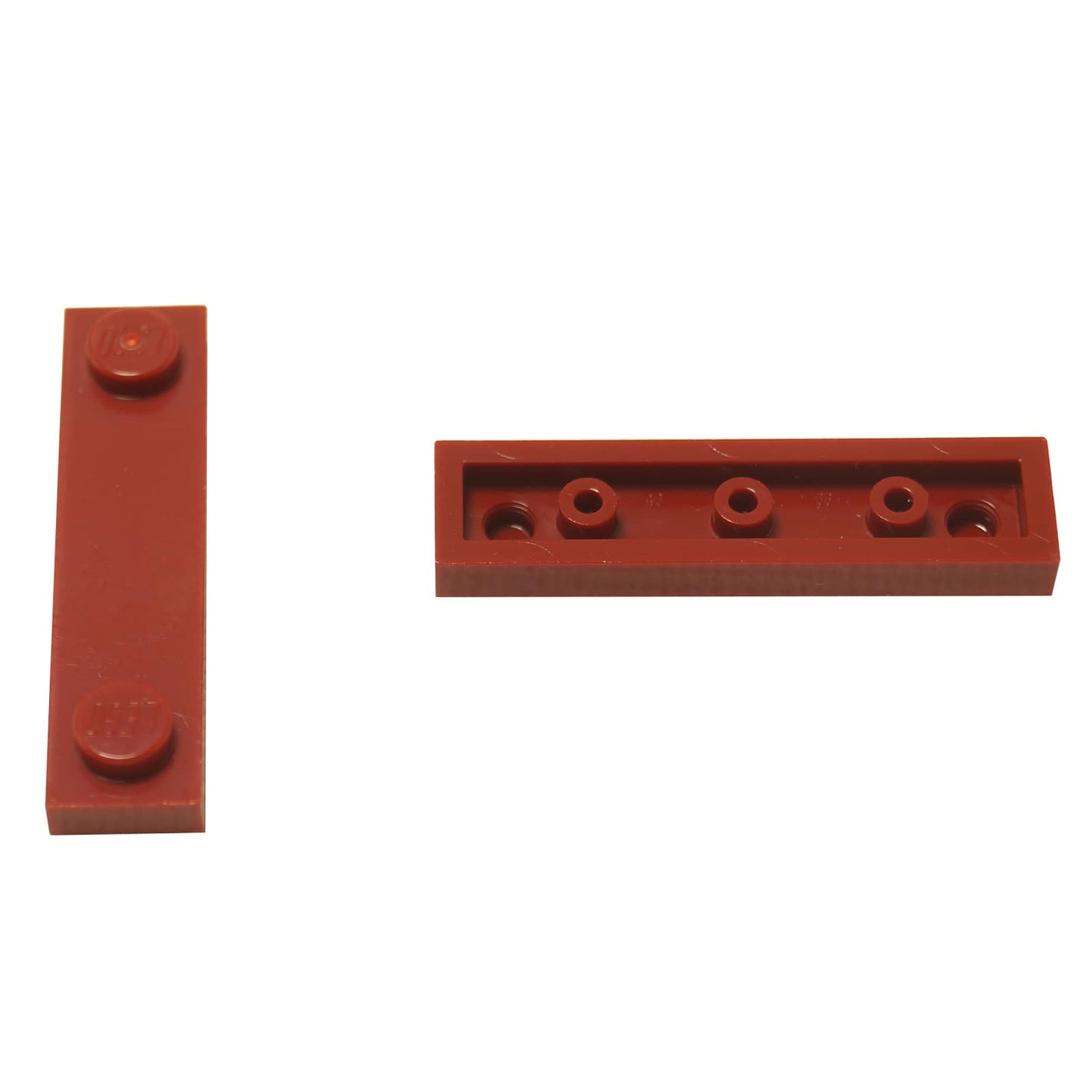 LEGO® Modified Plate 1 x 4 with 2 studs and groove in dark red, useful for offset and detailed builds.
