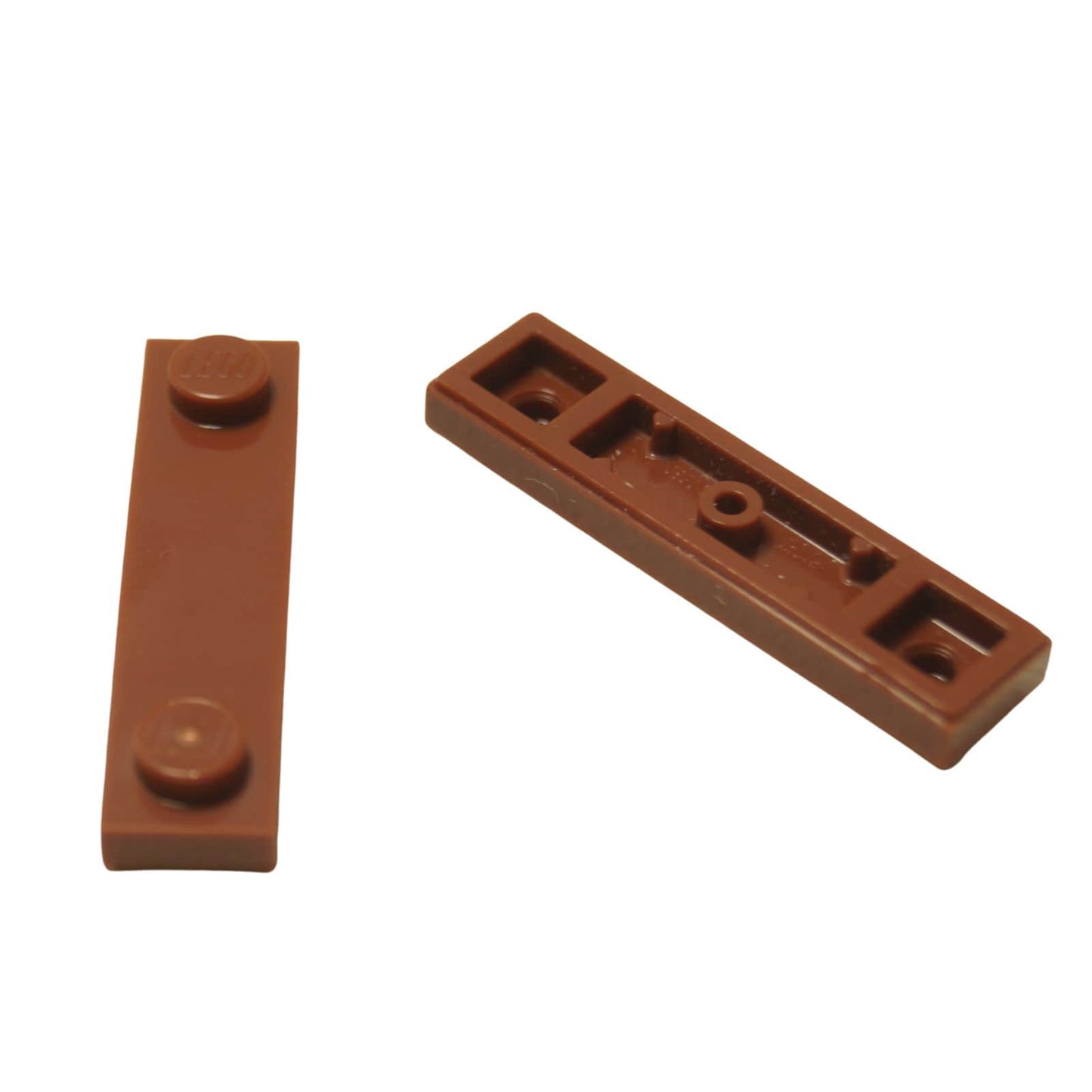 LEGO® Modified Plate 1 x 4 with 2 studs and groove in reddish brown, useful for offset and detailed builds.
