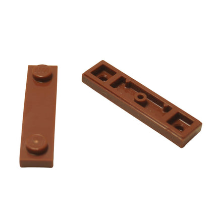 LEGO® Modified Plate 1 x 4 with 2 studs and groove in reddish brown, useful for offset and detailed builds.
