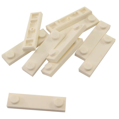 LEGO® Modified Plate 1 x 4 with 2 studs and groove in white, useful for offset and detailed builds.
