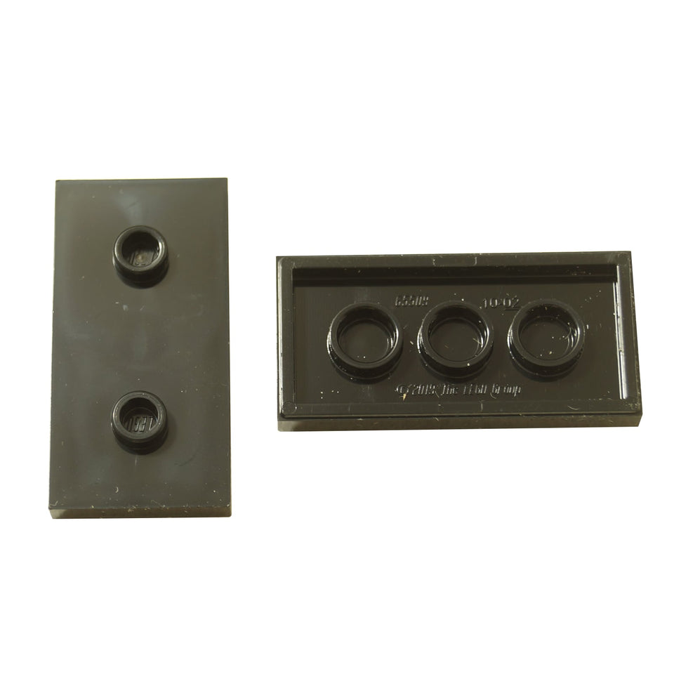 LEGO® modified plate 2 x 4 with two centered studs (double jumper), used for offset building and stud alignment, black color
