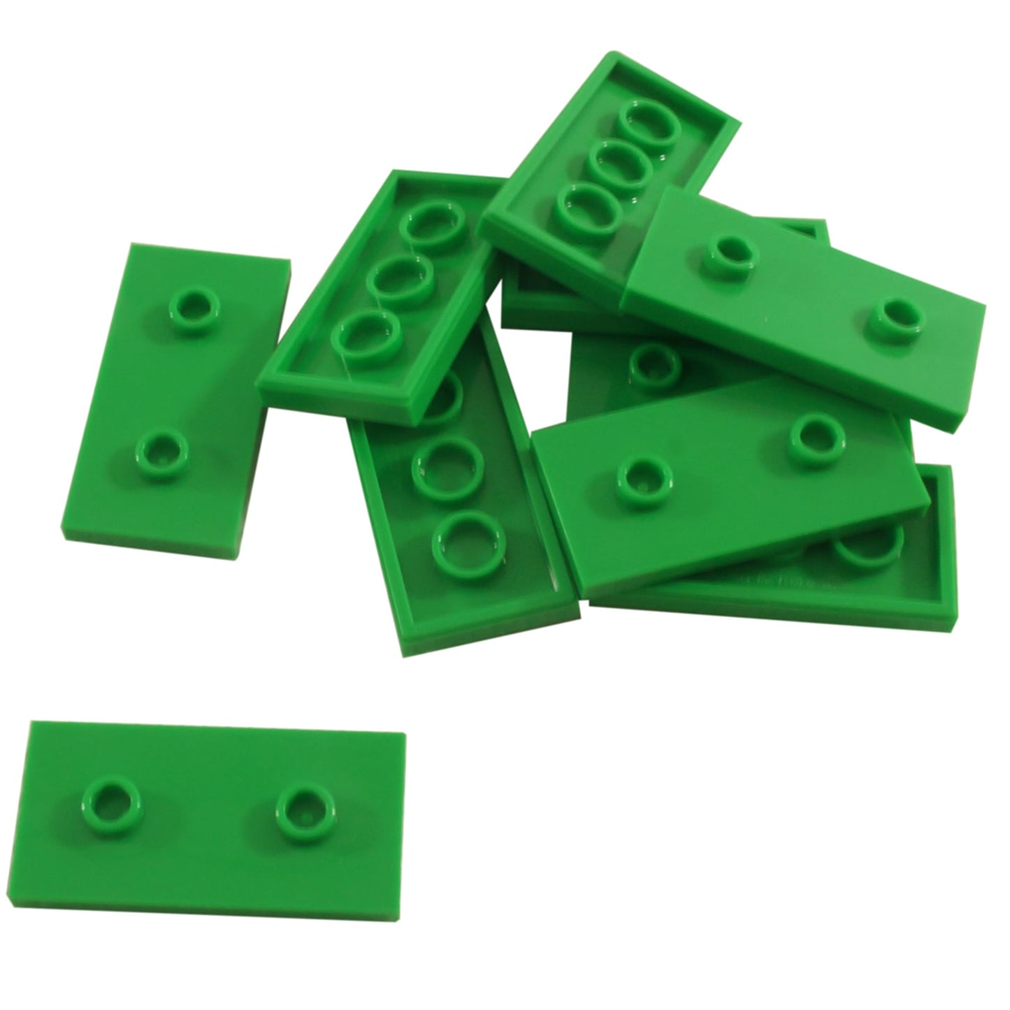 LEGO® piastretta modificata 2 x 4 con due perni centrati (doppio jumper), utilizzata per costruzioni sfalsate e allineamento dei perni, colore verde brillante
