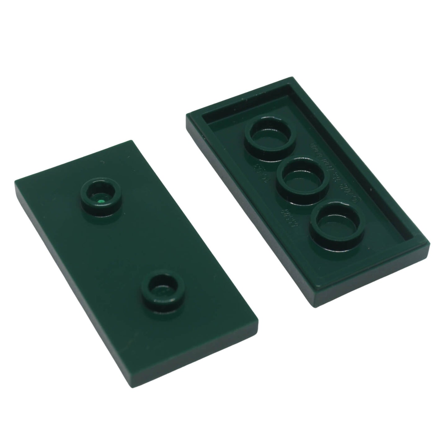 LEGO® modified plate 2 x 4 with two centered studs (double jumper), used for offset building and stud alignment, dark green color
