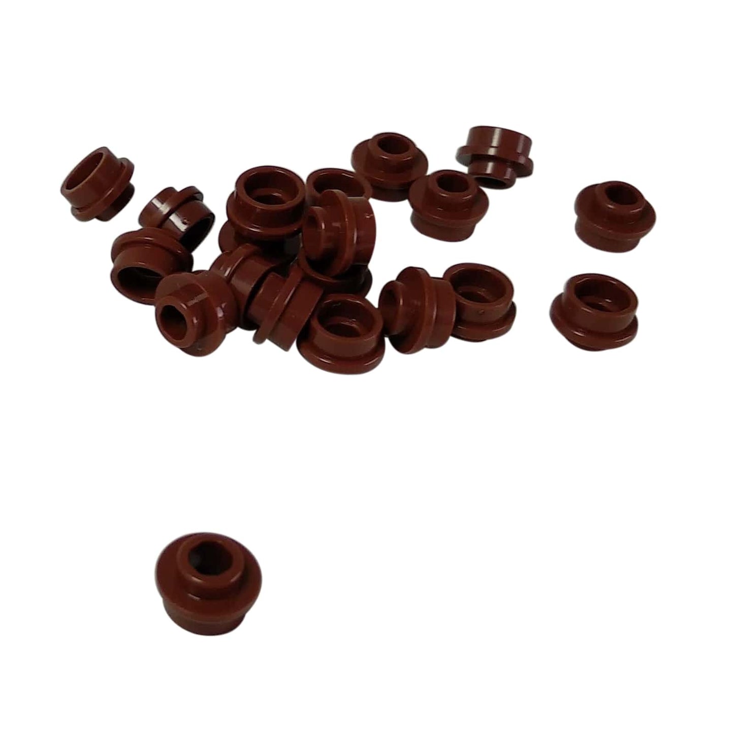 LEGO® round plate 1 x 1 with open stud, allows bar or clip connections for detailing and SNOT builds, reddish brown color

