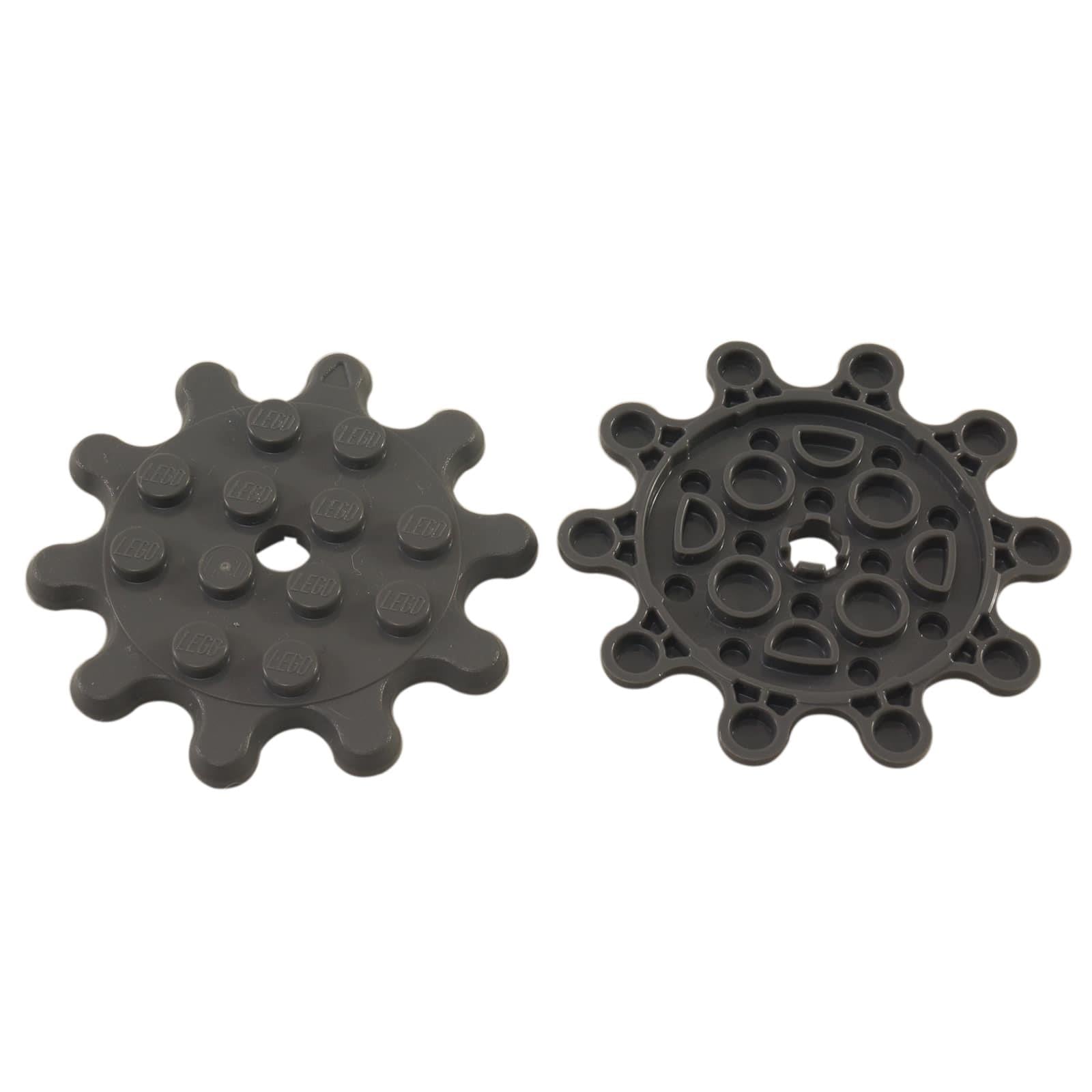 LEGO® placa redonda 4 x 4 con 10 dientes de engranaje o bordes de pétalos de flor, utilizada como engranaje decorativo o elemento floral, color gris azulado oscuro
