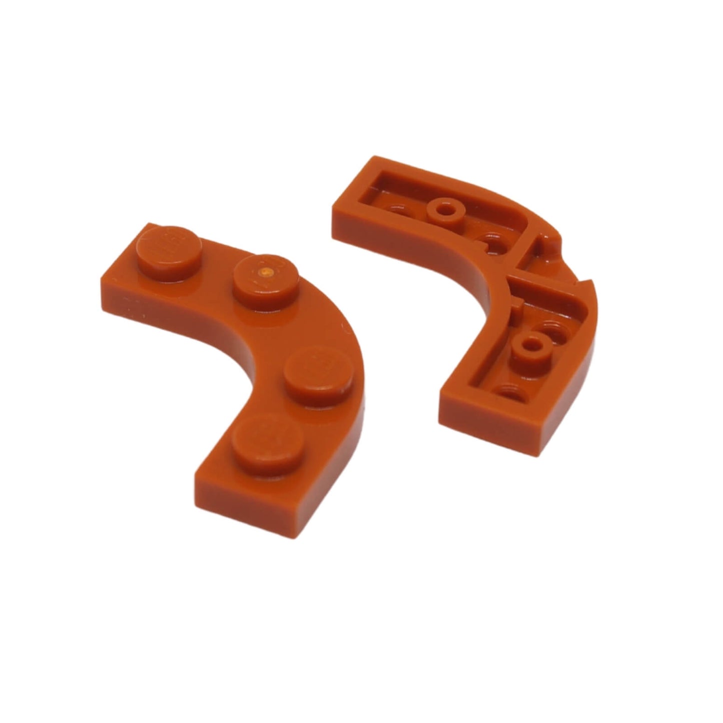 LEGO® Plate, Round Corner 3 x 3 with 2 x 2 Curved Cutout in dark orange, used for rounded edges and smooth transitions in builds
