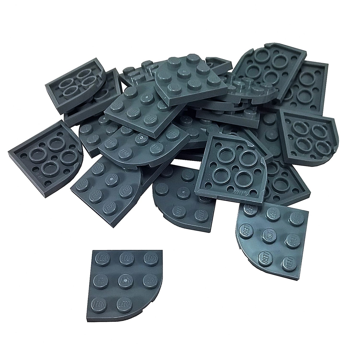 Dark bluish gray LEGO® round corner plate 3×3, a curved 90-degree connector piece used for shaping bases and smooth structural edges.
