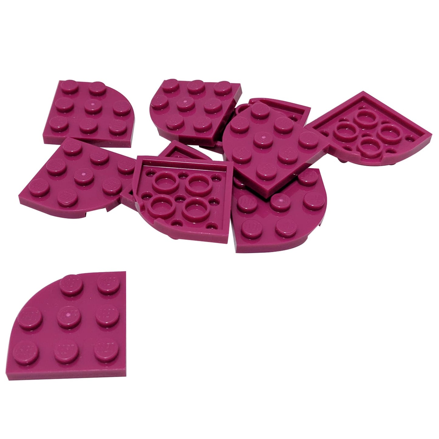 Magenta LEGO® round corner plate 3×3, a curved 90-degree connector piece used for shaping bases and smooth structural edges.
