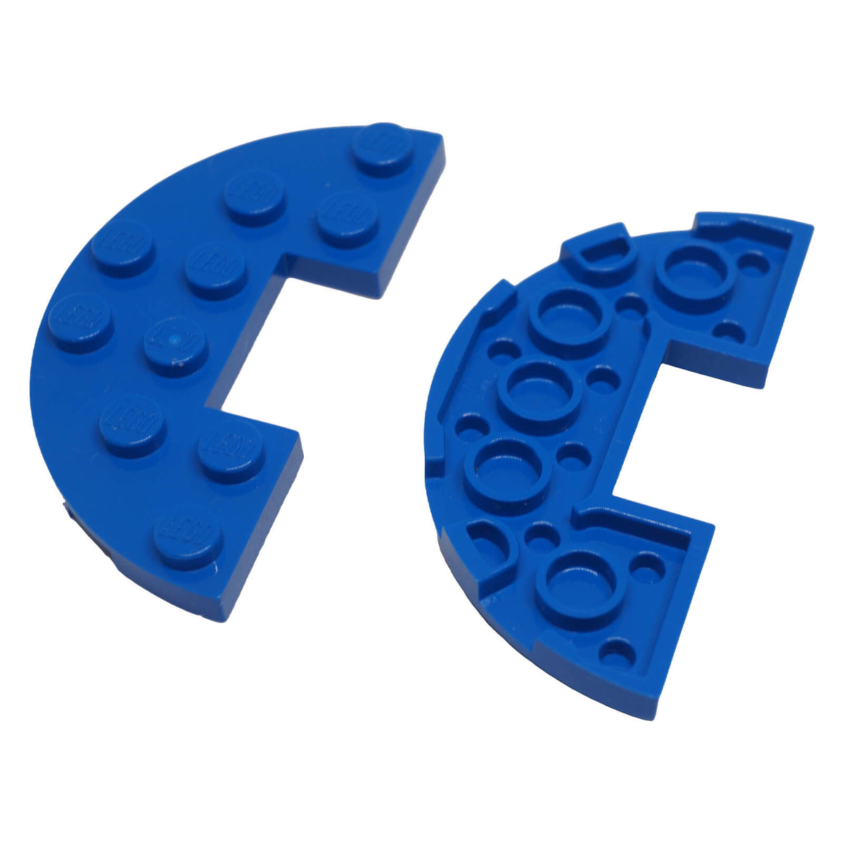 LEGO® Plate Round Half 3 x 6 with 1 x 2 cutout (18646) in blue, featuring a curved half-oval shape with central notch.
