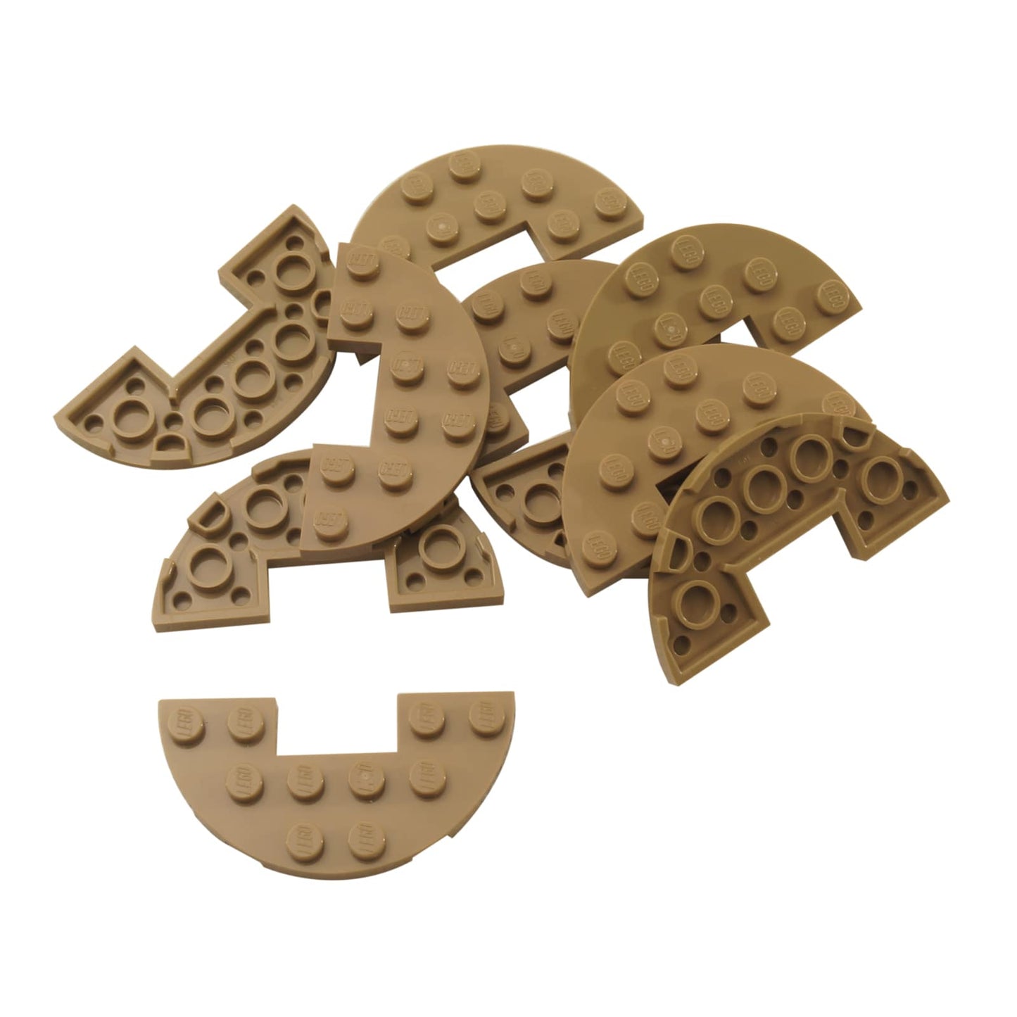 LEGO® Plate Round Half 3 x 6 with 1 x 2 cutout (18646) in dark tan, featuring a curved half-oval shape with central notch.
