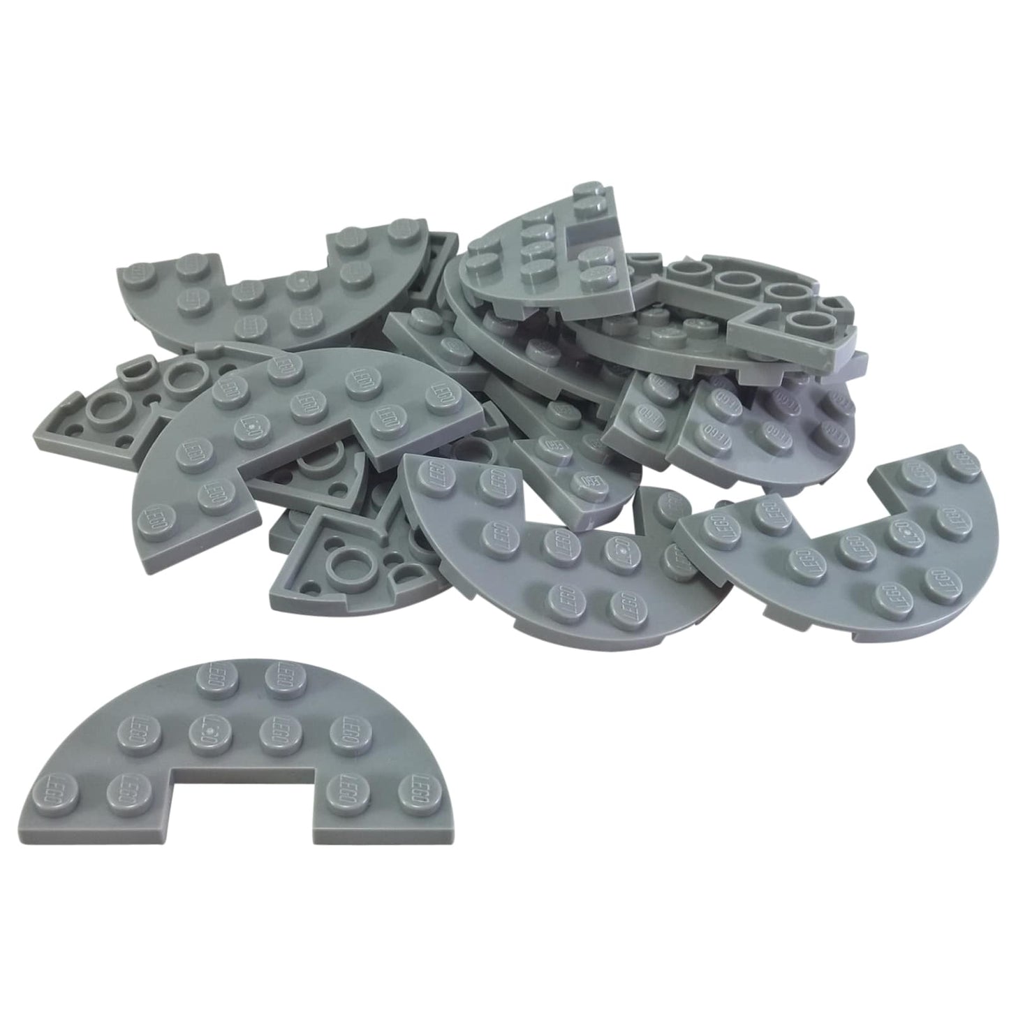 LEGO® Plate Round Half 3 x 6 with 1 x 2 cutout (18646) in light bluish gray, featuring a curved half-oval shape with central notch.
