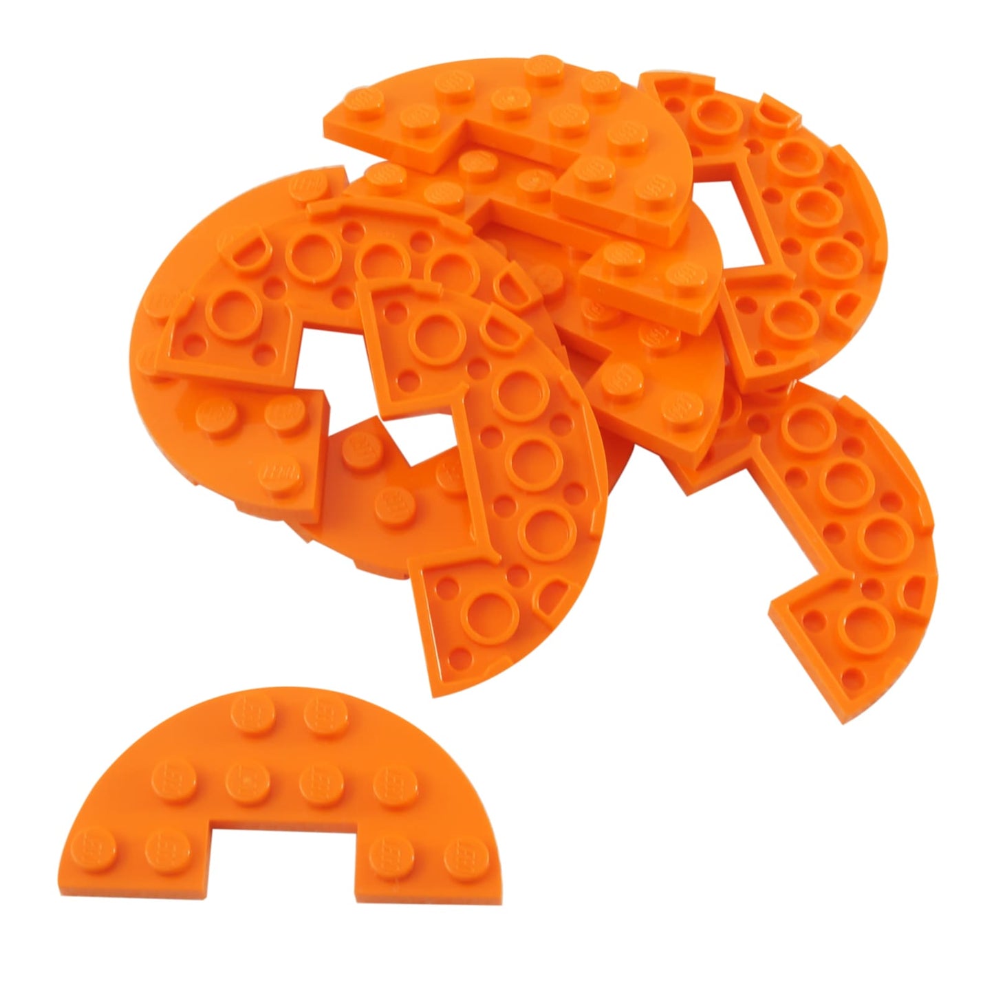 LEGO® Plate Round Half 3 x 6 with 1 x 2 cutout (18646) in orange, featuring a curved half-oval shape with central notch.
