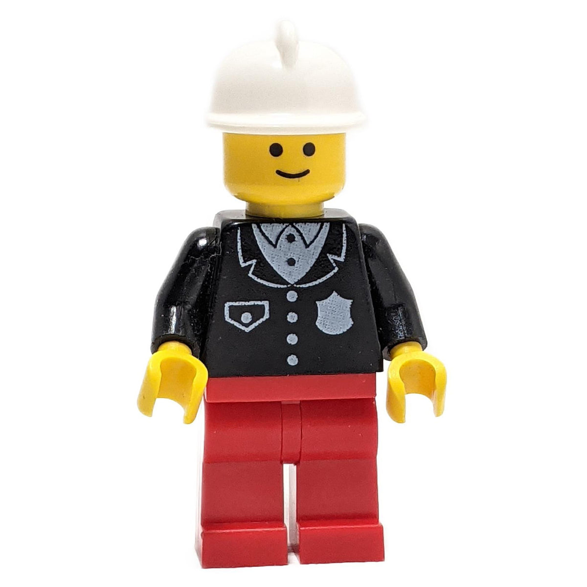 LEGO Police Officer cop052 in black suit, red legs, and white helmet.