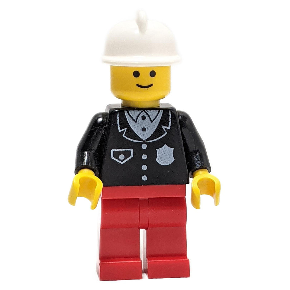 LEGO Police Officer cop052 in black suit, red legs, and white helmet.