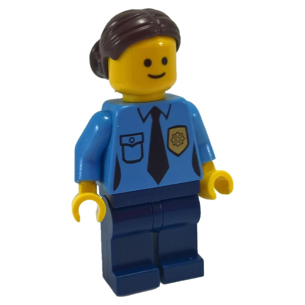 Female Police Officer minifigure twn220 with dark brown hair bun.