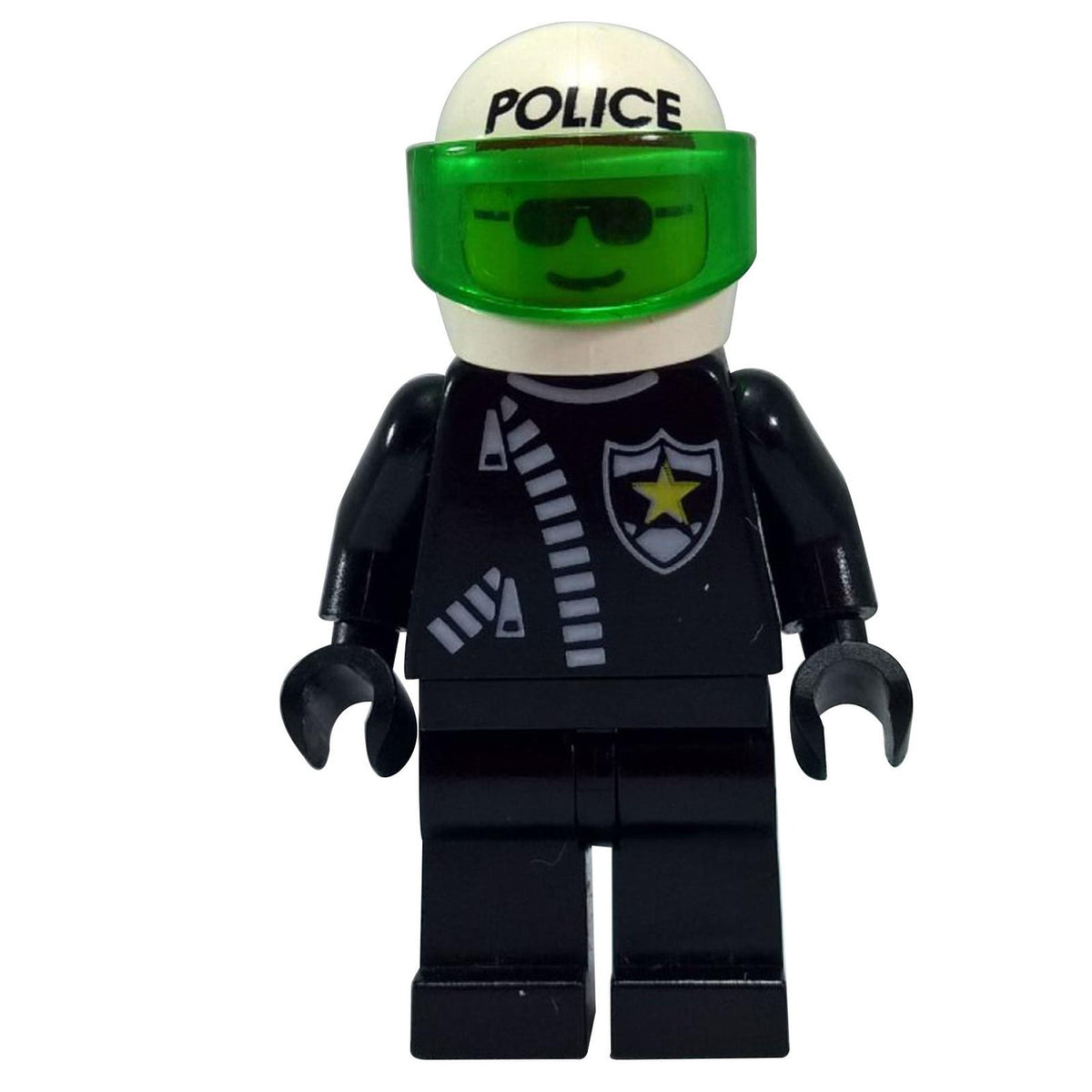 LEGO Police cop038 minifigure with white helmet and green visor.