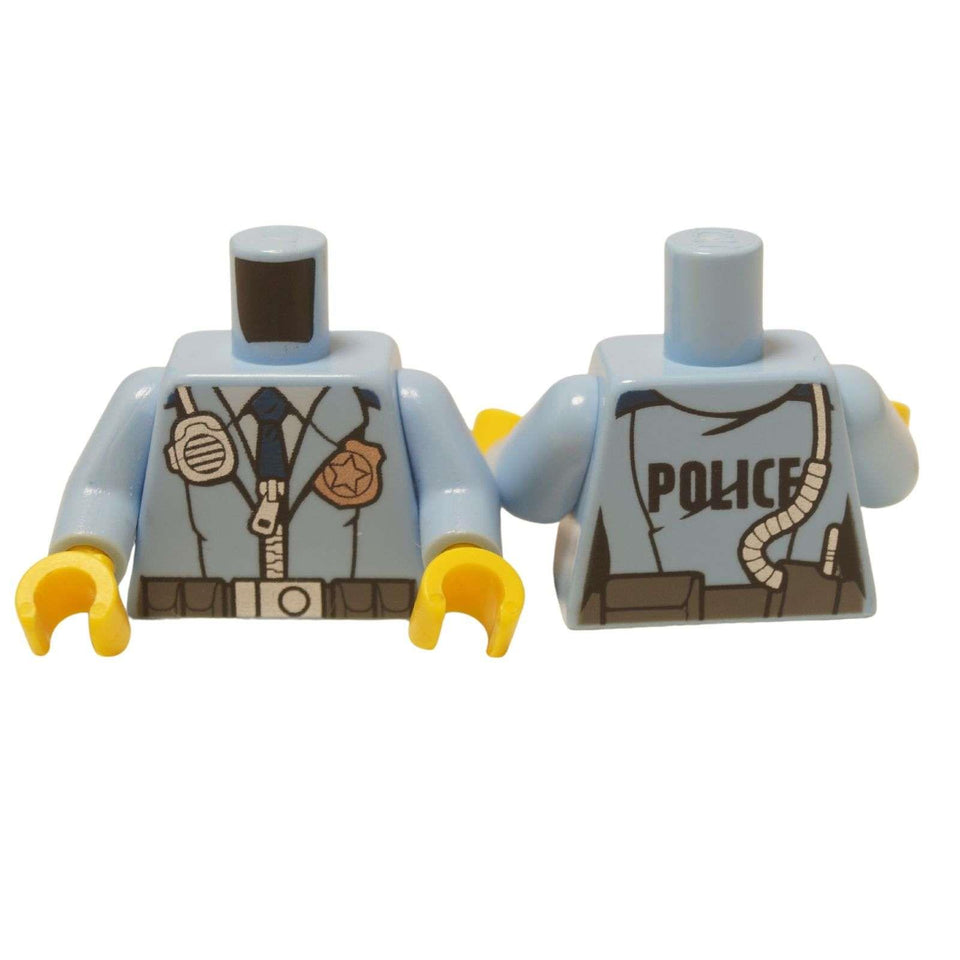 LEGO minifigure torso bright light blue police jacket with gold badge, tie, and radio print front and back view