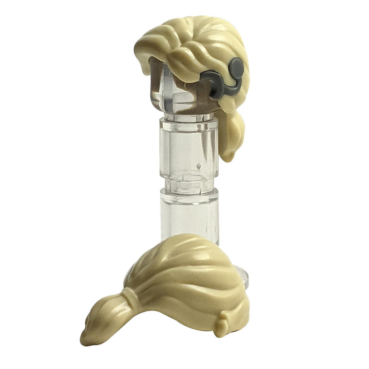 Tan LEGO ponytail hair 103749pb01 with dark gray cochlear implant pattern.