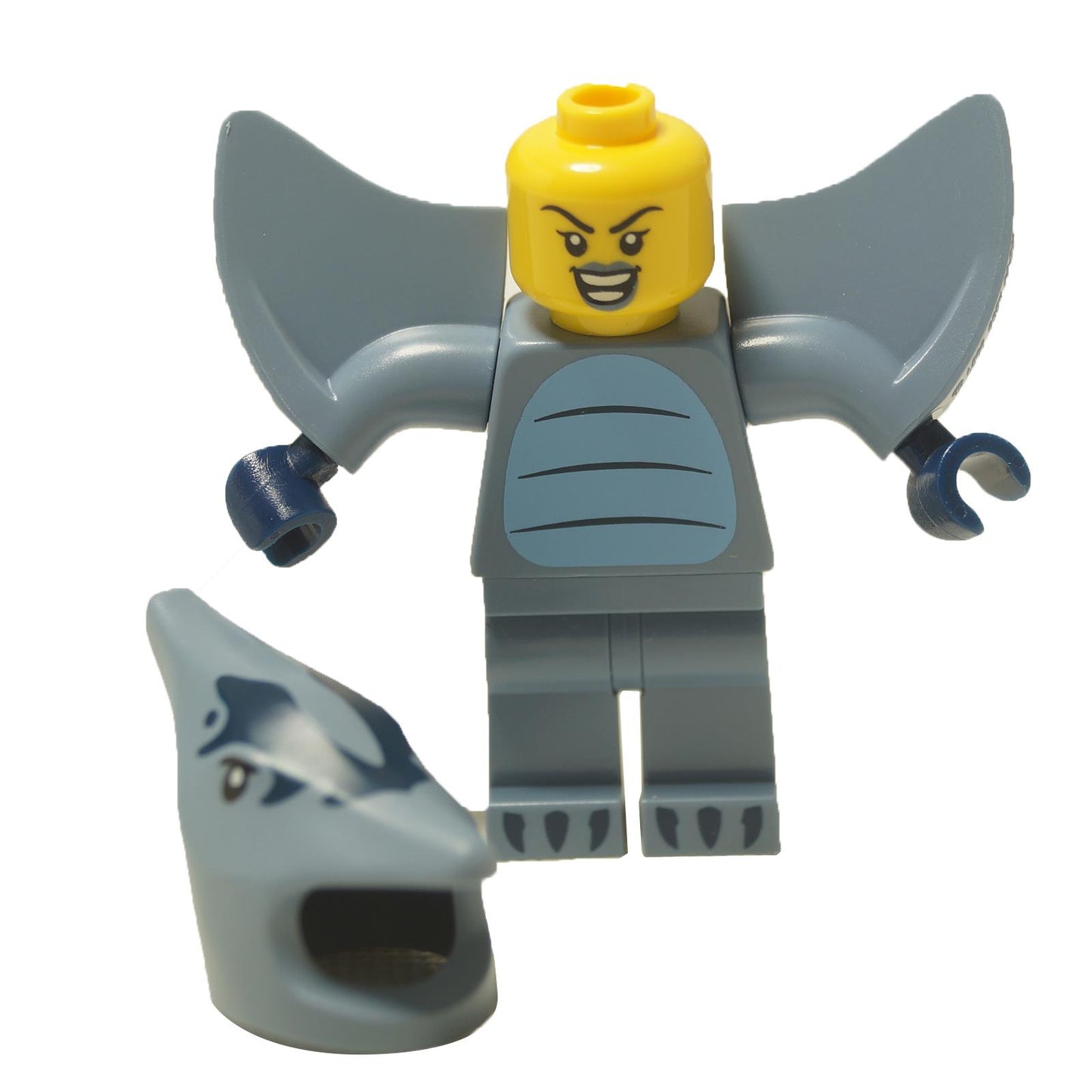 LEGO® Pterodactyl Costume Fan minifigure (col454) with the pterodactyl helmet removed, showing the dual-sided head and wing piece.