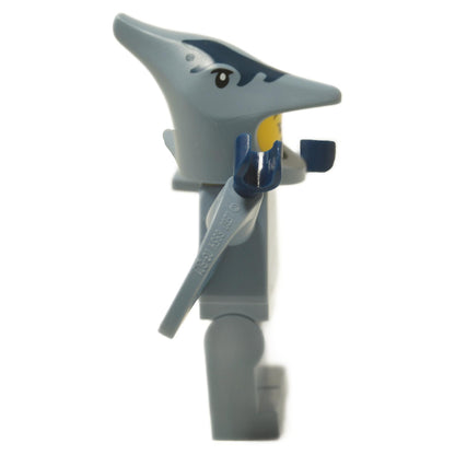  LEGO® Pterodactyl Costume Fan minifigure (col454) wearing the full costume with the helmet on and wings spread. Side view.