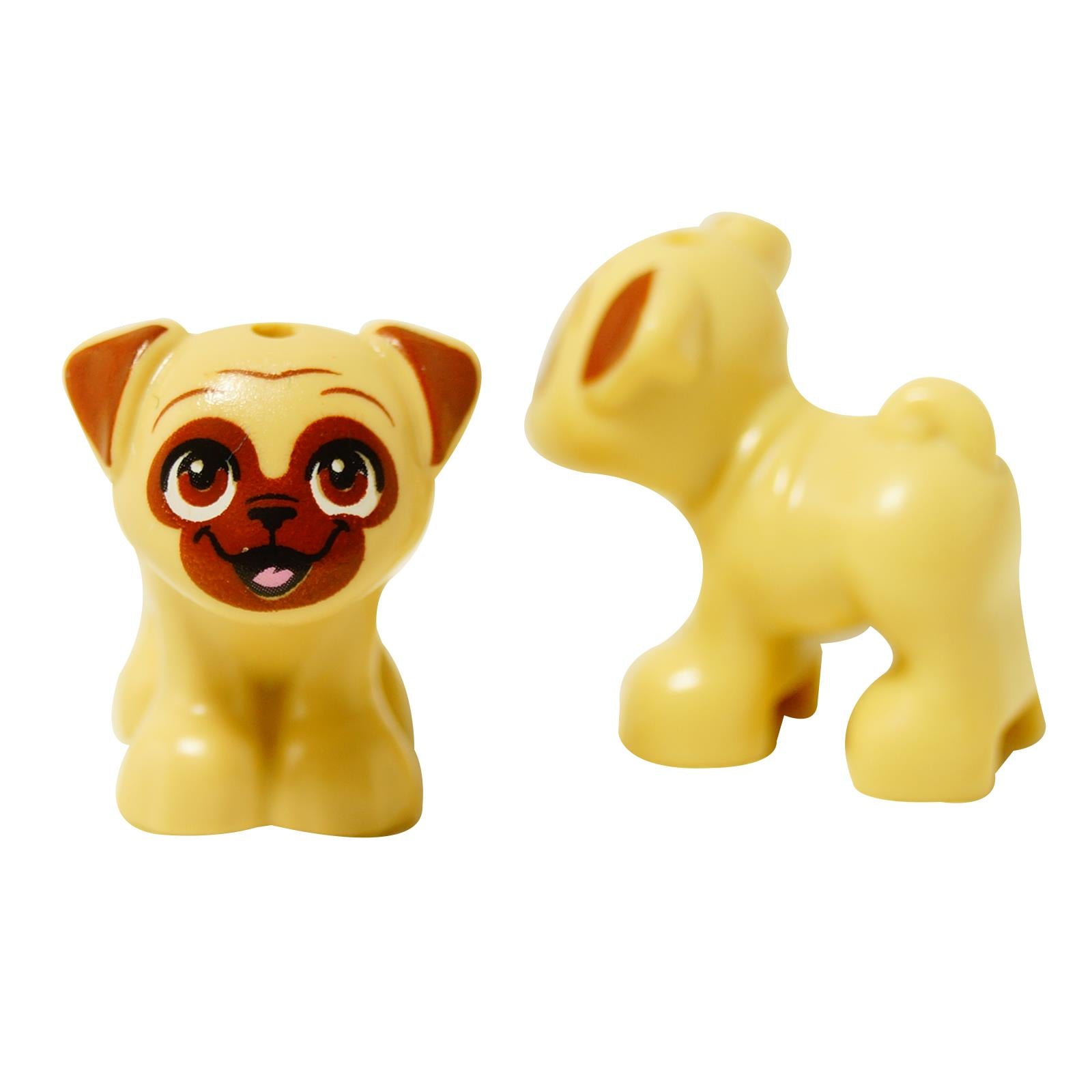 LEGO® pug dog Dango in light nougat with reddish brown face, small molded dog figure with printed facial details
